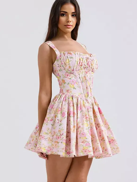 Robe Fleurie Courte Plissée Cintrée À Lacets Bretelles Élégant Automne