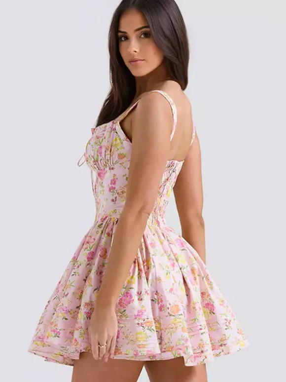 Robe Fleurie Courte Plissée Cintrée À Lacets Bretelles Élégant Automne