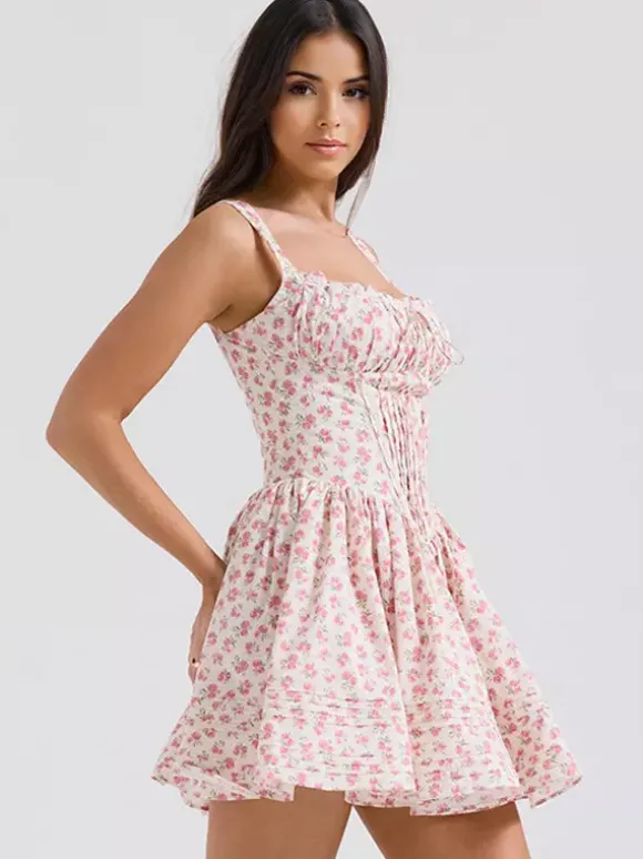 Robe Fleurie Courte Plissée Cintrée À Lacets Bretelles Élégant Automne