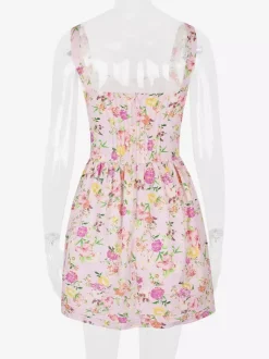 Robe Fleurie Courte Plissée Cintrée À Lacets Bretelles Élégant Automne