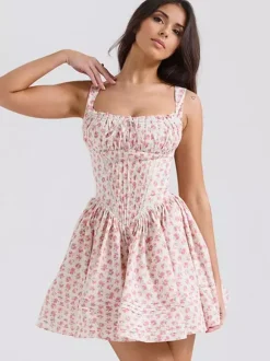 Robe Fleurie Courte Plissée Cintrée À Lacets Bretelles Élégant Automne