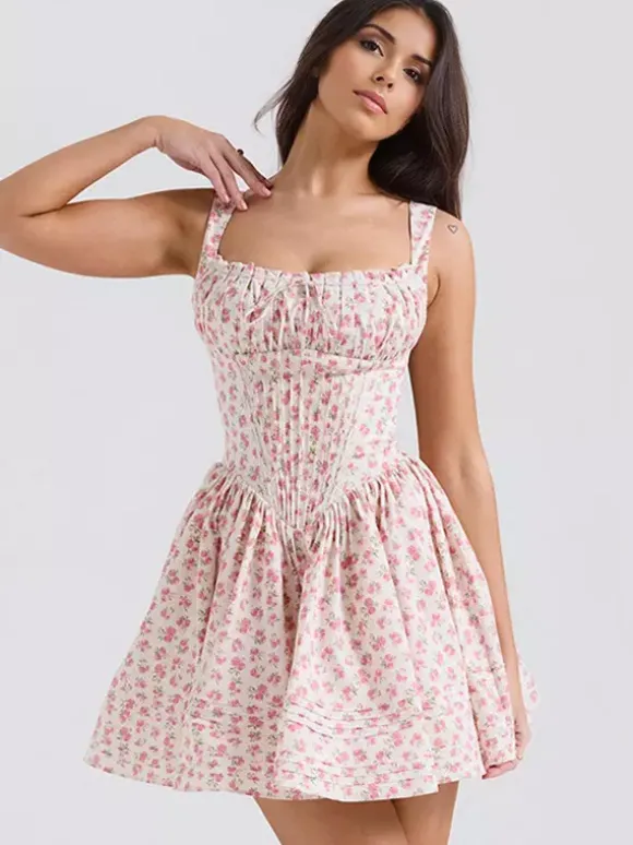 Robe Fleurie Courte Plissée Cintrée À Lacets Bretelles Élégant Automne
