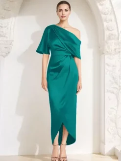 Robe fourreau plissée pour mère asymétrique épaule dénudée demi-manches robes d'invitées pour mariage