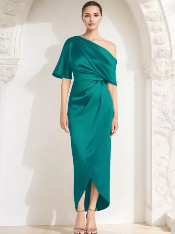 Robe fourreau plissée pour mère asymétrique épaule dénudée demi-manches robes d'invitées pour mariage