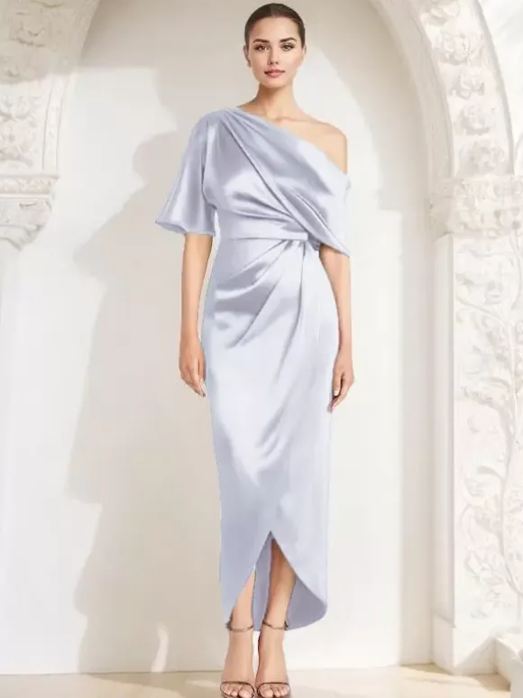 Robe fourreau plissée pour mère asymétrique épaule dénudée demi-manches robes d'invitées pour mariage