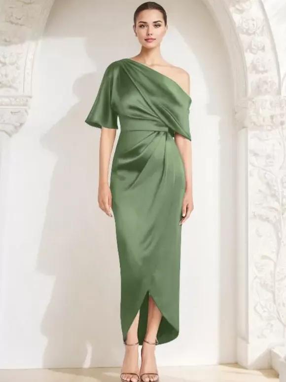 Robe fourreau plissée pour mère asymétrique épaule dénudée demi-manches robes d'invitées pour mariage