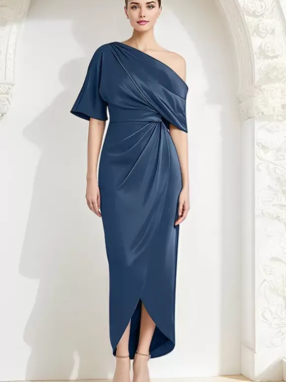 Robe fourreau plissée pour mère asymétrique épaule dénudée demi-manches robes d'invitées pour mariage