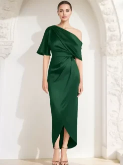 Robe fourreau plissée pour mère asymétrique épaule dénudée demi-manches robes d'invitées pour mariage