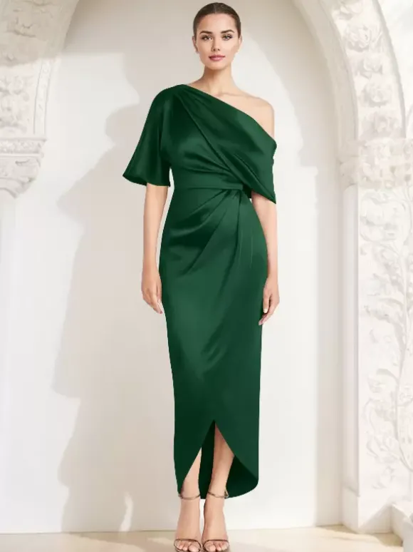 Robe fourreau plissée pour mère asymétrique épaule dénudée demi-manches robes d'invitées pour mariage