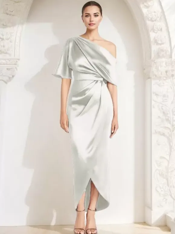 Robe fourreau plissée pour mère asymétrique épaule dénudée demi-manches robes d'invitées pour mariage