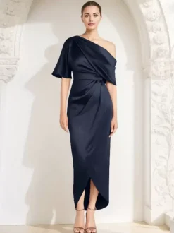 Robe fourreau plissée pour mère asymétrique épaule dénudée demi-manches robes d'invitées pour mariage