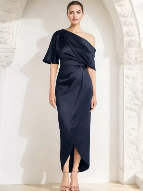 Robe fourreau plissée pour mère asymétrique épaule dénudée demi-manches robes d'invitées pour mariage