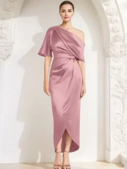 Robe fourreau plissée pour mère asymétrique épaule dénudée demi-manches robes d'invitées pour mariage