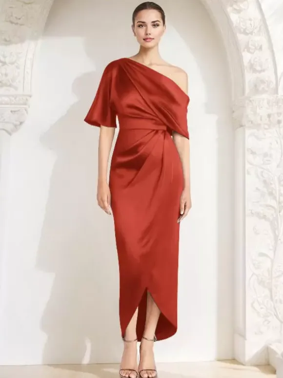Robe fourreau plissée pour mère asymétrique épaule dénudée demi-manches robes d'invitées pour mariage