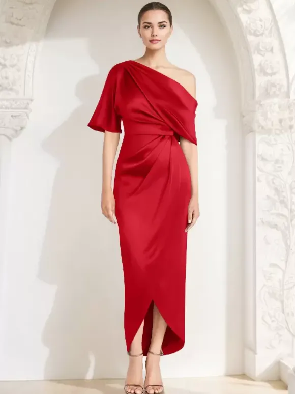 Robe fourreau plissée pour mère asymétrique épaule dénudée demi-manches robes d'invitées pour mariage
