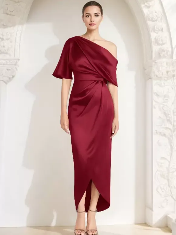 Robe fourreau plissée pour mère asymétrique épaule dénudée demi-manches robes d'invitées pour mariage