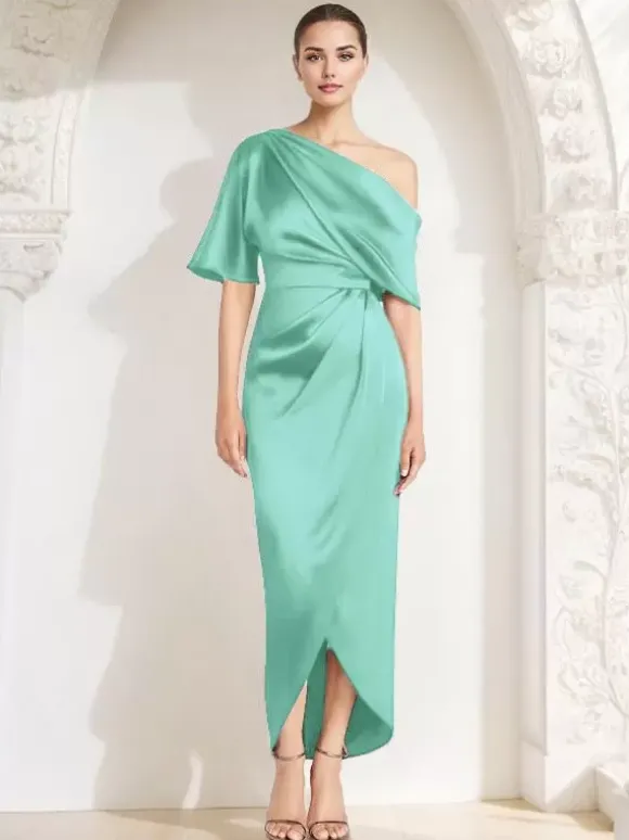 Robe fourreau plissée pour mère asymétrique épaule dénudée demi-manches robes d'invitées pour mariage