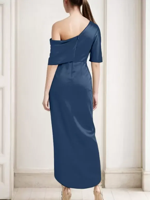 Robe fourreau plissée pour mère asymétrique épaule dénudée demi-manches robes d'invitées pour mariage