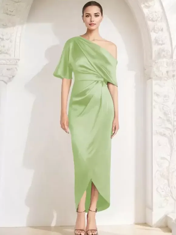 Robe fourreau plissée pour mère asymétrique épaule dénudée demi-manches robes d'invitées pour mariage