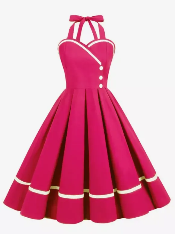 Robe glamour rétro style années 50 bordeaux à boutons superposés sans manches décolleté c艙ur coupe trapèze