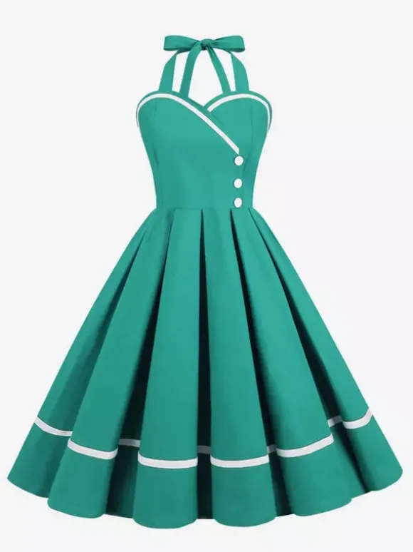 Robe glamour rétro style années 50 bordeaux à boutons superposés sans manches décolleté c艙ur coupe trapèze