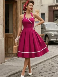 Robe glamour rétro style années 50 bordeaux à boutons superposés sans manches décolleté c艙ur coupe trapèze