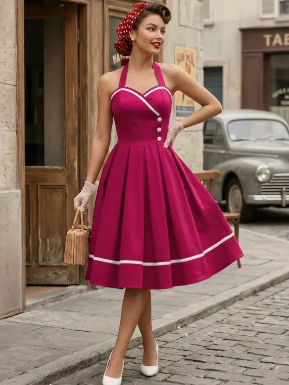 Robe glamour rétro style années 50 bordeaux à boutons superposés sans manches décolleté c艙ur coupe trapèze