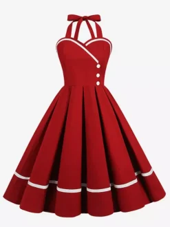 Robe glamour rétro style années 50 bordeaux à boutons superposés sans manches décolleté c艙ur coupe trapèze
