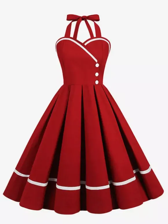 Robe glamour rétro style années 50 bordeaux à boutons superposés sans manches décolleté c艙ur coupe trapèze