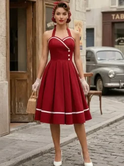Robe glamour rétro style années 50 bordeaux à boutons superposés sans manches décolleté c艙ur coupe trapèze