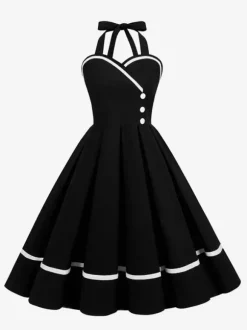 Robe glamour rétro style années 50 bordeaux à boutons superposés sans manches décolleté c艙ur coupe trapèze