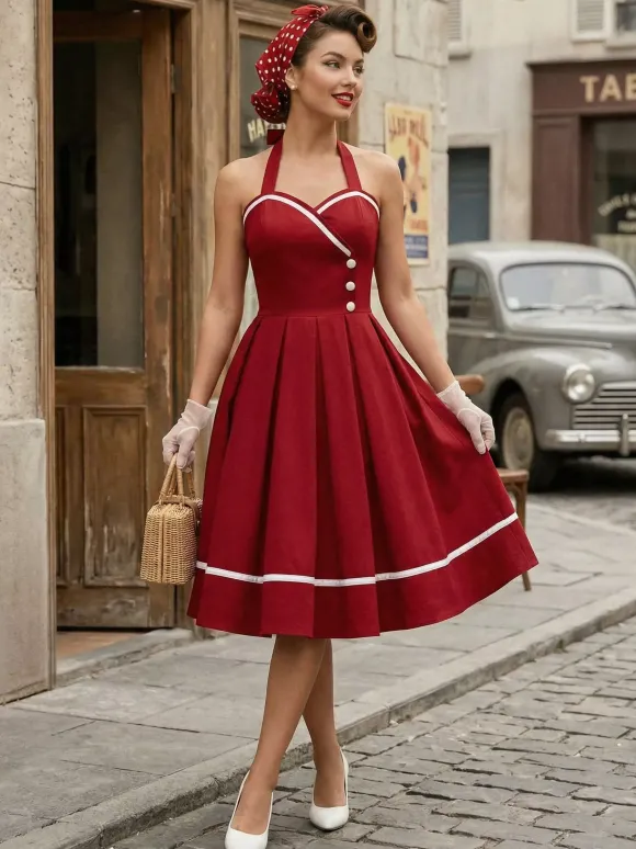 Robe glamour rétro style années 50 bordeaux à boutons superposés sans manches décolleté c艙ur coupe trapèze