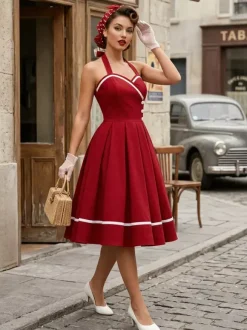 Robe glamour rétro style années 50 bordeaux à boutons superposés sans manches décolleté c艙ur coupe trapèze