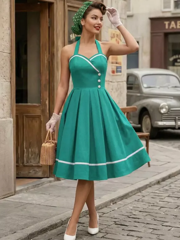 Robe glamour rétro style années 50 bordeaux à boutons superposés sans manches décolleté c艙ur coupe trapèze
