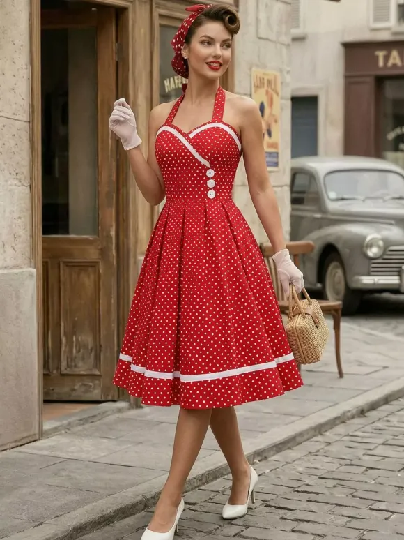 Robe glamour rétro style années 50 bordeaux à boutons superposés sans manches décolleté c艙ur coupe trapèze