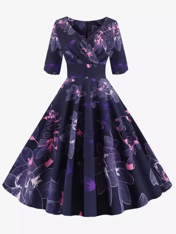 Robe glamour vintage noire style années 50 imprimé floral manches mi-longues superposées décolleté c艙ur taille M style rockabilly