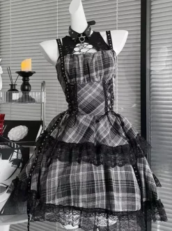 Robe Gothic Lolita à lacets à carreaux rouges noirs et gris sans manches style punk col halter JSK