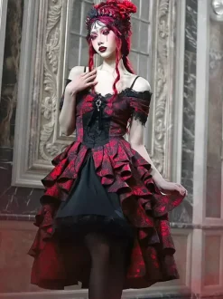 Robe Gothic Lolita en dentelle à volants rouge volumineuse manches courtes jacquard épaules dénudées style baroque