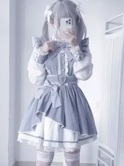 Robe gothique Lolita à volants n艙ud papillon dentelle irrégulière 6 couleurs robe à manches longues