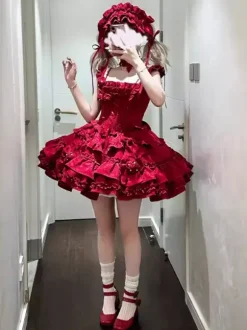 Robe gothique Lolita bordeaux en jacquard avec fleurs et n艙uds style kawaii