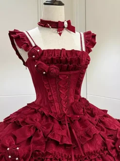 Robe gothique Lolita bordeaux en jacquard avec fleurs et n艙uds style kawaii