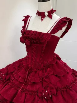 Robe gothique Lolita bordeaux en jacquard avec fleurs et n艙uds style kawaii