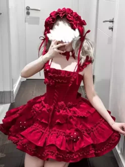 Robe gothique Lolita bordeaux en jacquard avec fleurs et n艙uds style kawaii