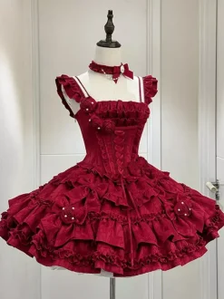 Robe gothique Lolita bordeaux en jacquard avec fleurs et n艙uds style kawaii