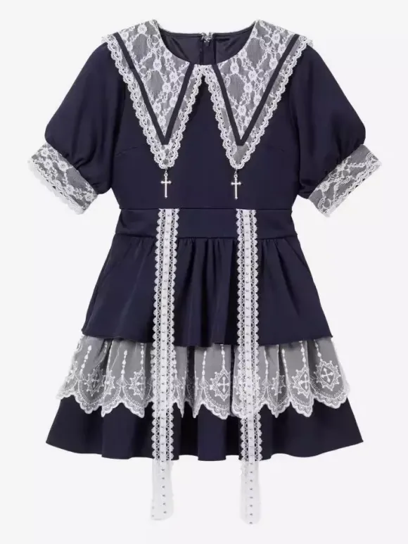 Robe gothique Lolita de style japonais en dentelle épissée col marin manches courtes coupe ajustée