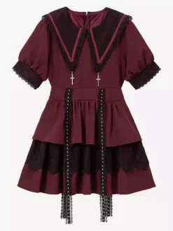 Robe gothique Lolita de style japonais en dentelle épissée col marin manches courtes coupe ajustée