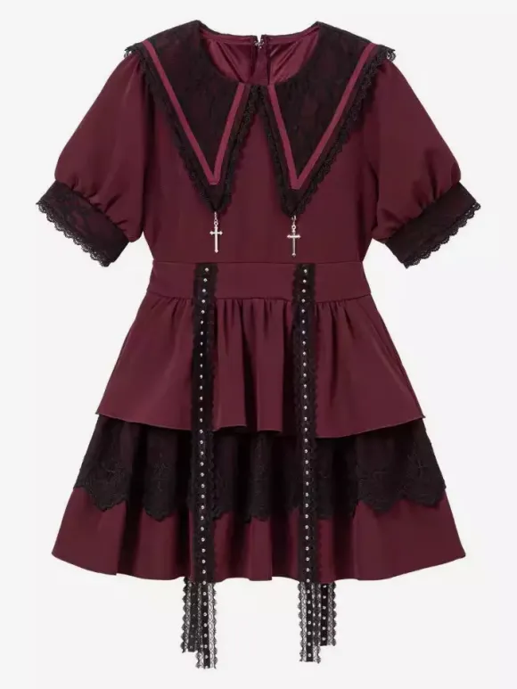 Robe gothique Lolita de style japonais en dentelle épissée col marin manches courtes coupe ajustée