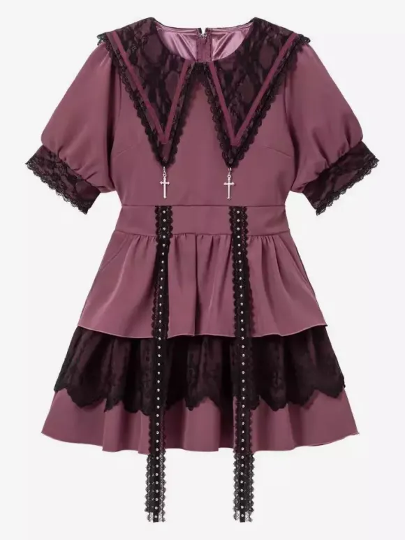 Robe gothique Lolita de style japonais en dentelle épissée col marin manches courtes coupe ajustée