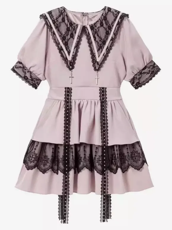 Robe gothique Lolita de style japonais en dentelle épissée col marin manches courtes coupe ajustée