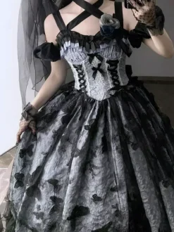 Robe gothique Lolita en dentelle à volants et imprimé floral jolie robe de princesse sans manches en maille à volants robe longue